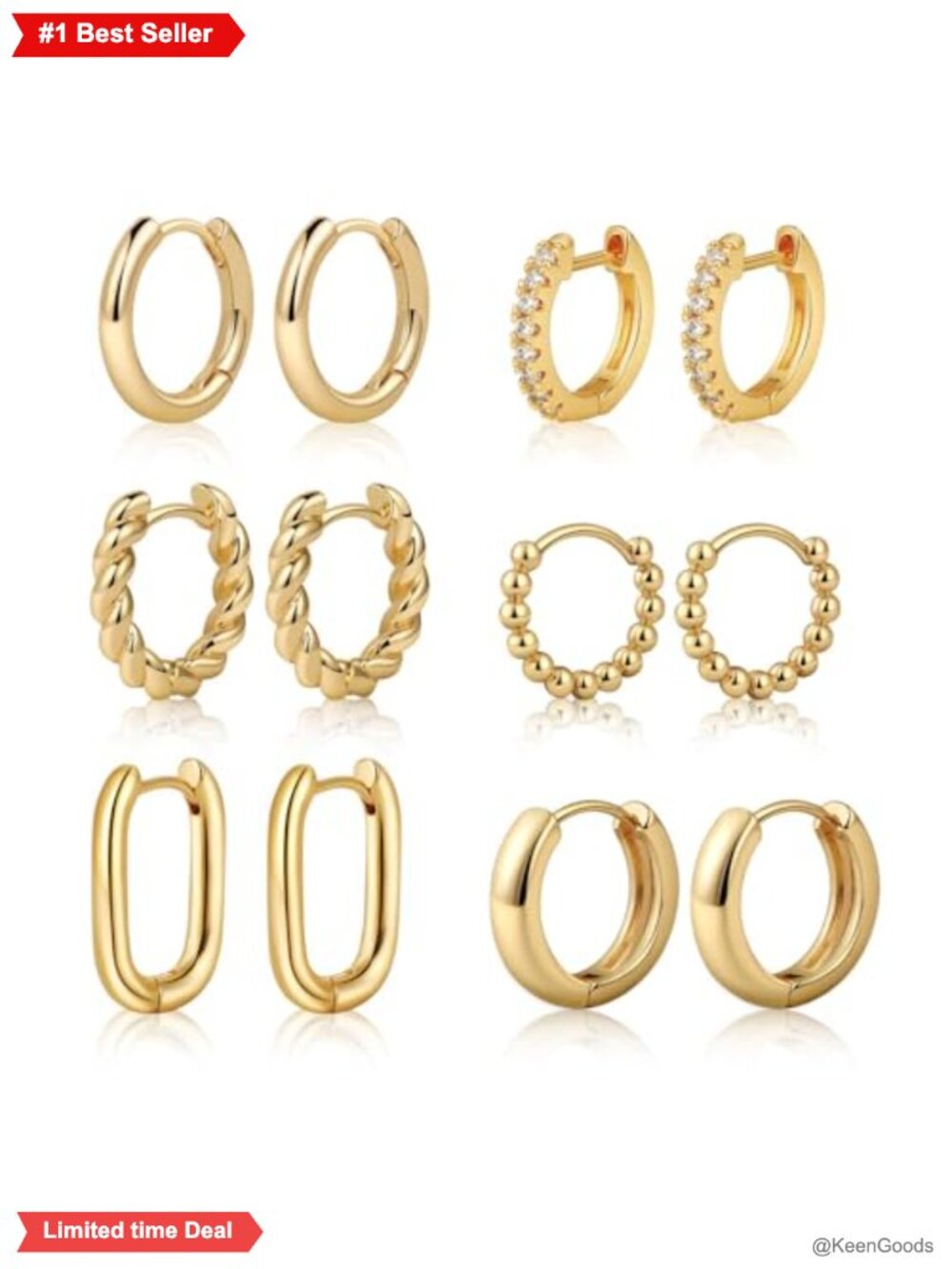 6 Pair 14K Gold Plated Hoop Earrings Hypoallergenic Huggie Set